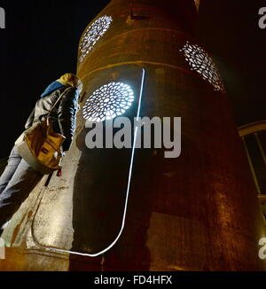 Pilsen, Czech Republic. 27th Jan, 2016. Lighted collection of large sculptures created from old metal containers by Cestmir Suska in creative zone at DEPO2015 in Pilsen, Czech Republic, January 27, 2016. © Pavel Nemecek/CTK Photo/Alamy Live News Stock Photo