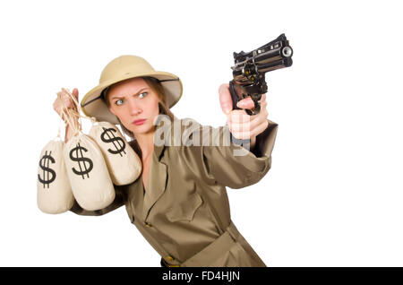 The woman wearing safari hat on white Stock Photo