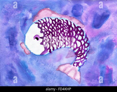 Child Drawing of Purple Fish Underwater, Watercolor Stock Photo