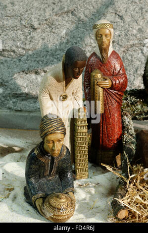 Christmas crib in a caholic church. Nativity scene. The three Magi (Balthasar, Caspar, Melchior). Stock Photo