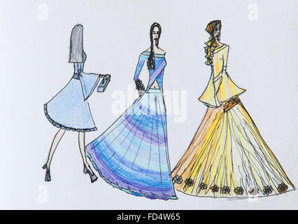 Handmade fashion sketch. Three gossip woman in rainbow colors Stock Photo