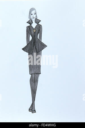 Handmade fashion sketch, fashion draw of a woman dress, in black & white Stock Photo