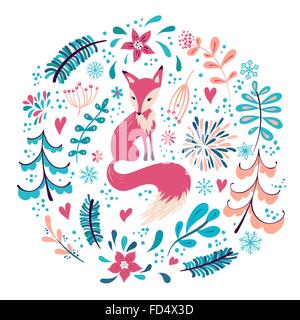 Fox with winter flowers and snowflakes.  Hand drawn Christmas Holiday design for greeting cards, calendars, wrapping paper, Stock Vector