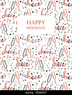 Christmas background with Cheers lettering and glasses with champagne. Hand drawn design for winter holidays. Seamless pattern Stock Vector