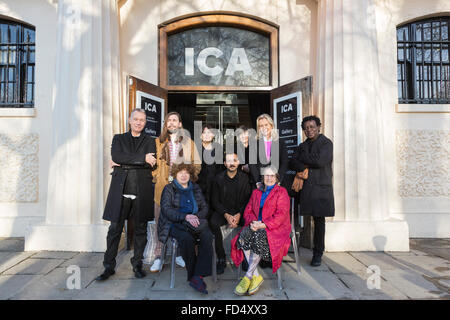 London, UK. 28 Jan 2016. ICA celebrates 70th anniversary (30 Jan) with a commemorative photo of art world leaders. Back L-R: John Maybury (film-maker, exhib. 1988), Mark Leckey (artist, exhib. 1999/2001/08/12), Alexandra Shulman (editor British Vogue/ICA Council member 1992-96), Sadie Coles (gallerist/ICA Council member 1998-2001), Alison Myners (Chair ICA), John Akomfrah (artist, presented Nine Muses 2012, Artists’ Film Biennial 2012), front L-R: Jasia Reichardt (curator/ICA Assist. Dir. 1963-71), Prem Sahib (artist, exhib. 2015), Betty Woodman (artist, exhib. 2016). Credit:  bas/Alamy Live N Stock Photo