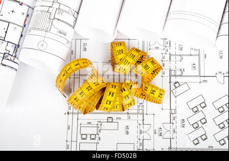 Tape measure on blueprint Stock Photo