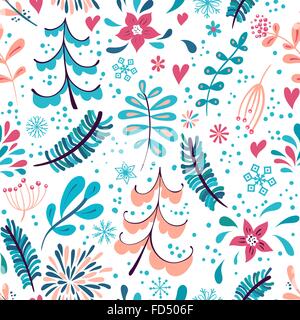 Winter flowers and snowflakes seamless pattern. Hand drawn Christmas Holiday design for greeting cards, calendars, wrapping Stock Vector
