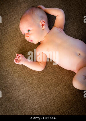 Baby boy only weeks old stares with wide eyes Stock Photo