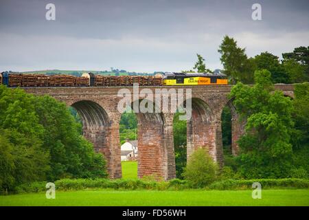 Colas Rail Freight train hauling logs on Dry Beck Viaduct, Armathwaite, Eden Valley, Cumbria, England, UK.