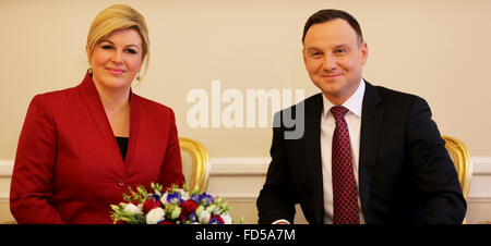 Warsaw, Poland. 28th Jan, 2016. Croatian President, Kolinda Grabar-Kitarovic met with Polish President Andrzej Duda in the Presidential Palace in Poland's capital, Warsaw during her official visit to Poland.  President Duda and President Grabar-Kitarovic also discussed the pressing political issues in Europe including the NATO summit in Warsaw as well the on-going issue of immigration of refugees into Europe. Credit:  PACIFIC PRESS/Alamy Live News Stock Photo