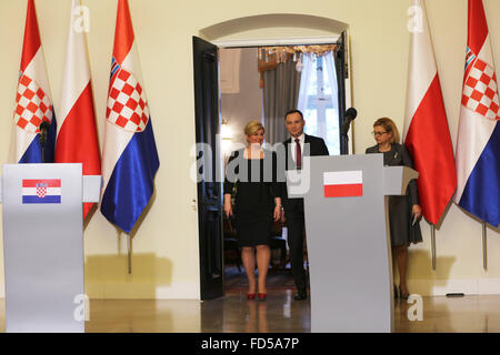 Warsaw, Poland. 28th Jan, 2016. Croatian President, Kolinda Grabar-Kitarovic and Polish President Andrzej Duda hold a press conference during the Croatian President's visit to Warsaw. Croatian President, Kolinda Grabar-Kitarovic met with Polish President Andrzej Duda in the Presidential Palace in Poland's capital, Warsaw during her official visit to Poland. Credit:  PACIFIC PRESS/Alamy Live News Stock Photo