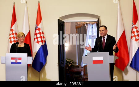 Warsaw, Poland. 28th Jan, 2016. Croatian President, Kolinda Grabar-Kitarovic and Polish President Andrzej Duda hold a press conference during the Croatian President's visit to Warsaw. Croatian President, Kolinda Grabar-Kitarovic met with Polish President Andrzej Duda in the Presidential Palace in Poland's capital, Warsaw during her official visit to Poland. Credit:  PACIFIC PRESS/Alamy Live News Stock Photo