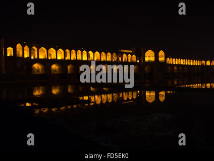 a view of the khaju bridge at night highlighting the arches, Isfahan Province, isfahan, Iran Stock Photo