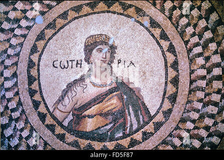 Roman Floor Mosaic of the Greek Goddess Soteria (c5th), the Personification of Salvation, or Deliverance from Harm and Safety, in the Hatay Archaeological Museum or Antakya Archaeology Museum, Antakya, Hatay, Turkey Stock Photo