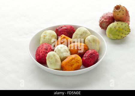 Fresh peeled Prickly Pear Fruit on a dish Stock Photo