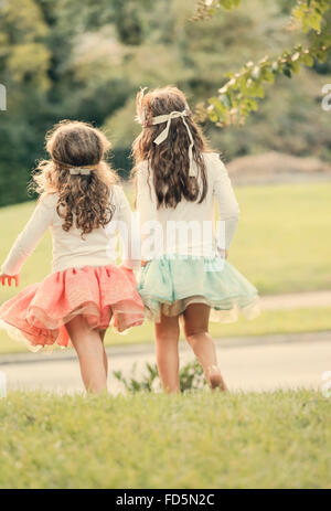 Two young girls wearing tutu's walking in the grass away from the camera. Stock Photo