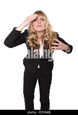 Sales Woman in Black Touching her Forehead because of Headache, Isolated on White Background Stock Photo
