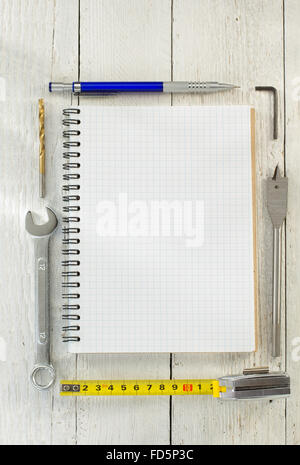 tools and instruments on wooden background Stock Photo