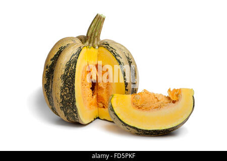 Fresh Tonda Padana pumpkin and a piece with seeds on white background Stock Photo