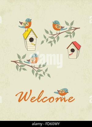 Decorative hand drawn card with bird house and welcome sign. Template for design textile, greeting cards, wrapping paper, packag Stock Vector