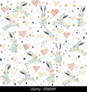 Cute seamless pattern with cartoon funny rabbits. Childish background. Holiday design. Vector illustration. Stock Vector