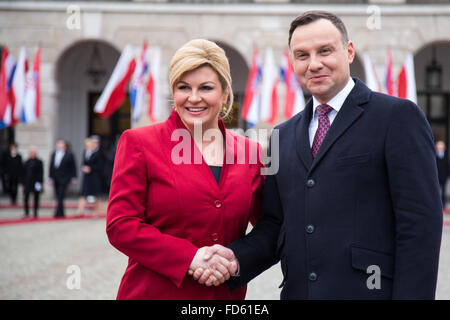 Warsaw, Poland. 28th Jan, 2016. Polish President Andrzej Duda welcomed Croatian president Kolinda Grabar-Kitarovic on 28 January 2016 in Warsaw, Poland. Credit:  MW/Alamy Live News Stock Photo