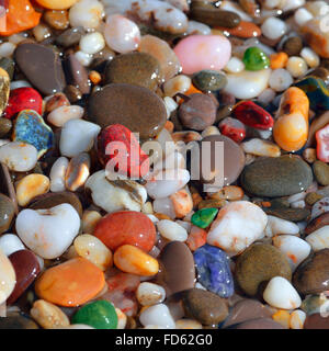 Wet, multi-colored pebbles on the seashore . Stock Photo