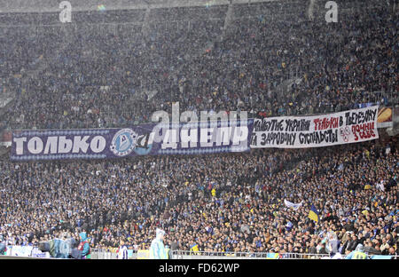 KYIV, UKRAINE - MAY 14, 2015: Tribunes of NSK Olimpiyskyi stadium in Kyiv during UEFA Europa League semifinal game between Dnipr Stock Photo