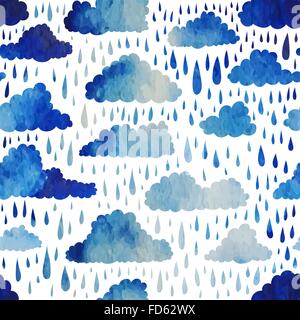 Seamless pattern with clouds and rain. Watercolor effect. Vector illustration. Stock Vector