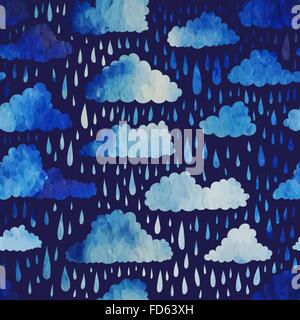 Seamless pattern with clouds and rain. Watercolor effect. Vector illustration. Stock Vector