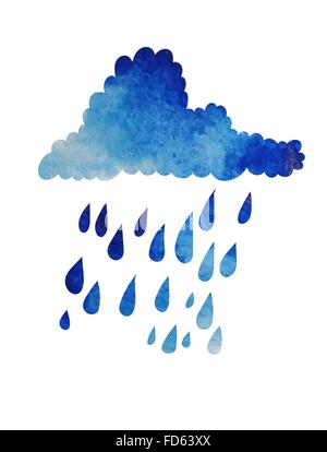 Cloud with raindrops isolated on white. Watercolor effect. Vector illustration. Stock Vector