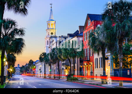 Charleston, South Carolina, USA cityscape in the historic French Quarter at twilight. Stock Photo