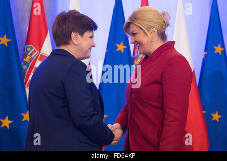 Warsaw, Poland. 28th Jan, 2016. President of Croatia Kolinda Grabar-Kitarovic (right) meets with Polish Prime Minister Beata Szydlo (left) on 28 January 2016 in Warsaw, Poland. Credit:  MW/Alamy Live News Stock Photo