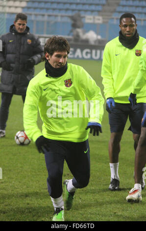 FC Barcelona forward Lionel Messi runs during training session before UEFA Champions League football match against Dynamo Kyiv Stock Photo