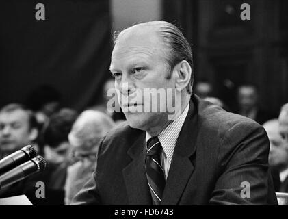 Gerald Ford. President Gerald Ford appearing at the House Judiciary Subcommittee hearing on pardoning former President Richard Nixon, Washington, D.C., October 1974 Stock Photo
