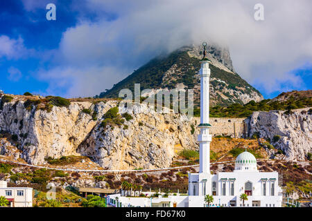 Rock of Gibraltar and Ibrahim-al-Ibrahim Mosque. Stock Photo