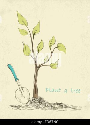 Spring gardening time card. Hand drawn tree planting. Vector illustration Stock Vector