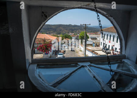 View through the round window from the footbridge, Casa da Gloria, Diamantina, Minas Gerais, Brazil Stock Photo