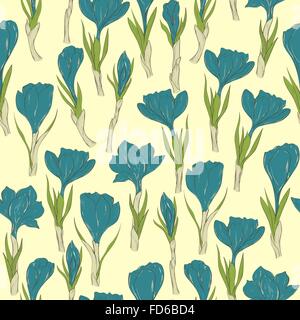 Seamless pattrn with hand drawn spring crocus flowers. Vector illustration Stock Vector