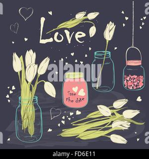 Wedding romantic collection with spring tulips in Mason Jar. Hand drawing vintage set on chalkboard background. Vector Stock Vector