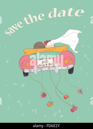 Just married couple in retro car dragging cans. Wedding card design. Hand drawn vintage save the date card. Vector illustration. Stock Vector