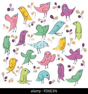 Set of cute birds for your design. Spring greeting card. Vector illustration. Stock Vector