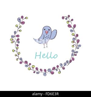 Greeting card with bird and flowers. Vector illustration. Stock Vector