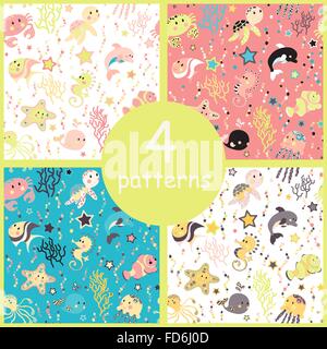 Set of sea creatures seamless pattern. Childish background. Holiday design. Vector illustration. Stock Vector