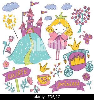 Hand-drawn sketchy fairy tale princess doodle design elements set. Vector illustration. Stock Vector