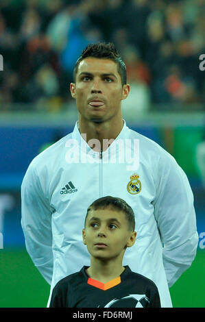 Cristiano Ronaldo (№7) forward of FC Real Madrid during soccer match between FC Shakhtar Donetsk and Real Madrid CF Stock Photo