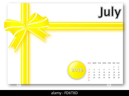 July 2016 - Calendar series with gift ribbon design Stock Photo