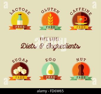 Set of food label designs in flat style for healthy eating. Includes lactose free, gluten, caffeine, sugar, egg and nut allergy Stock Vector