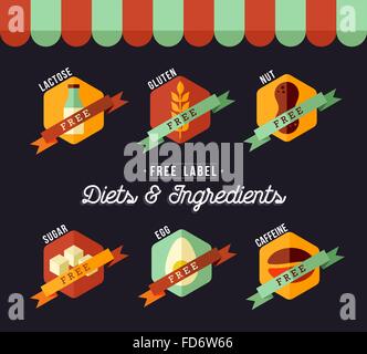 Diet food labels for healthy eating in flat style with grocery store decoration. Includes lactose, gluten, caffeine, sugar, egg Stock Vector