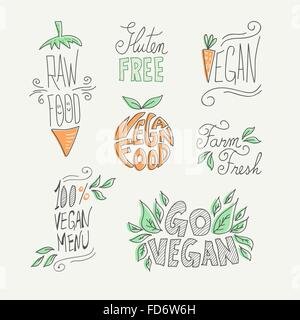 Set of hand drawn vegan food labels with text and doodle fruit decoration: farm fresh, gluten free and raw eating. EPS10 vector. Stock Vector